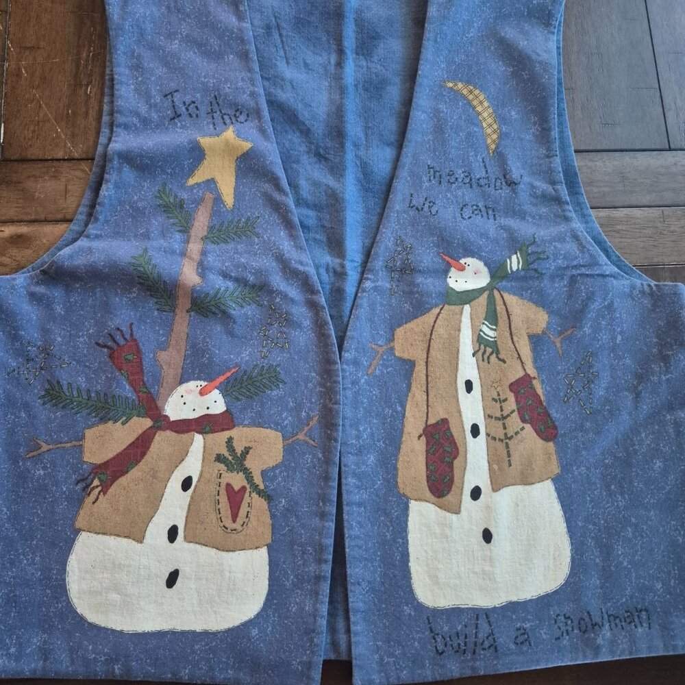 Vintage Snowman Vest With Whimsical Winter Scene & Snowmen "In The Meadow We Can